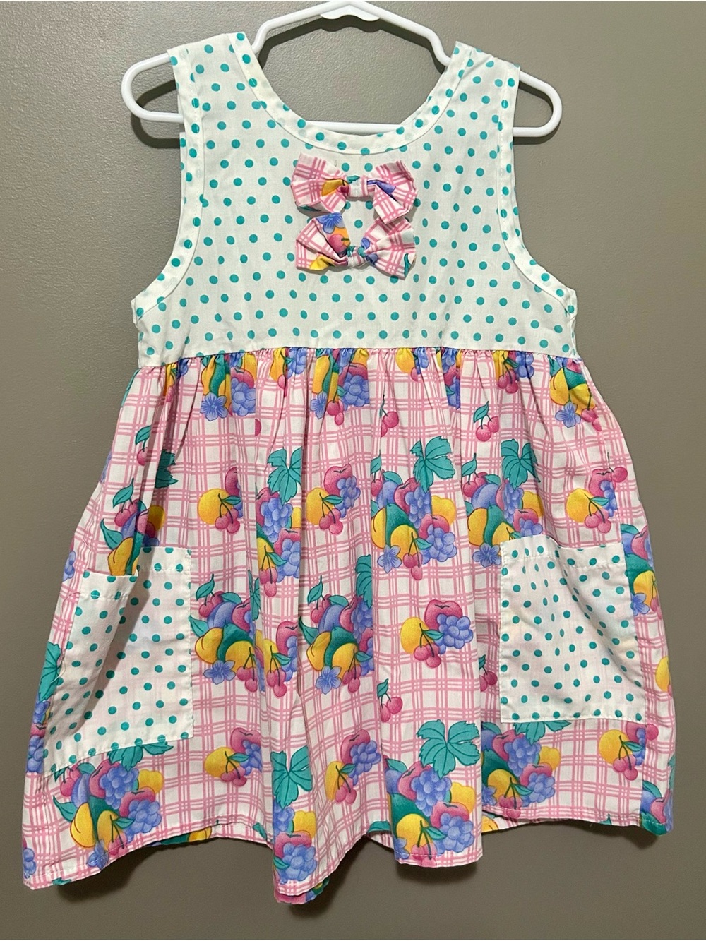 VINTAGE Cuties By Judy Girls' Pink Floral & Teal Polka Dot Sundress